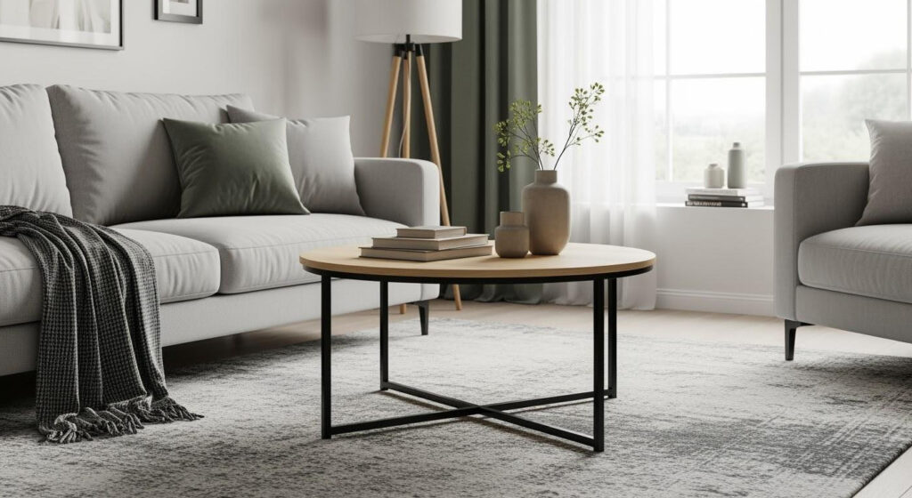 trae-sofabord Sofabord i eg, med lyst grå sofa
