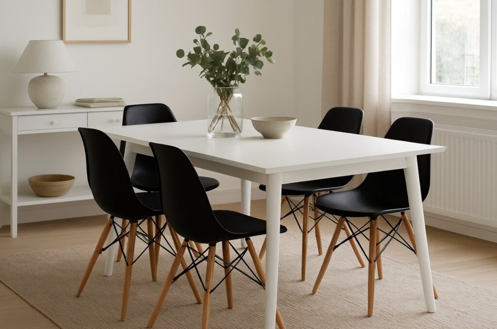 hvidt spisebord, med eames stole